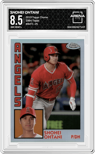Shohei Ohtani from the 2019 Topps Chrome set graded by Arena Club and given an overall grade of 8.5.