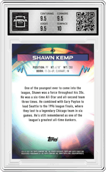 Shawn Kemp from the 2021 Topps Finest set featuring a Speckle Refractor  parallel graded by Arena Club and given an overall grade of 10.