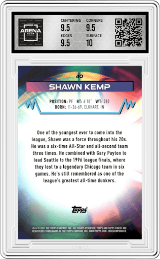 Shawn Kemp from the 2021 Topps Finest set featuring a Speckle Refractor  parallel graded by Arena Club and given an overall grade of 10.