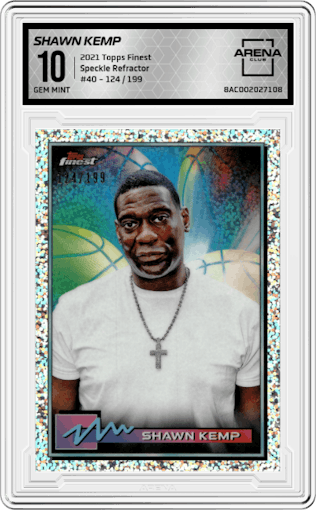 Shawn Kemp from the 2021 Topps Finest set featuring a Speckle Refractor  parallel graded by Arena Club and given an overall grade of 10.