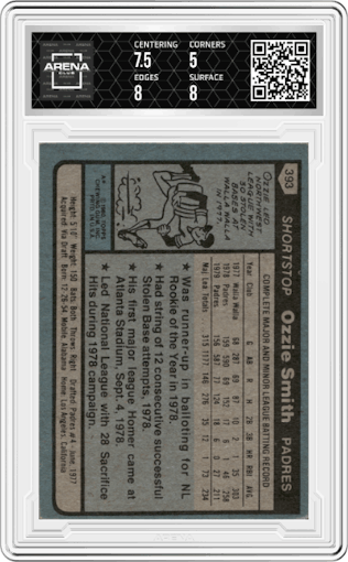 Ozzie Smith from the 1980 Topps set graded by Arena Club and given an overall grade of 5.5.