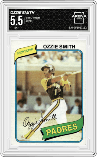 Ozzie Smith from the 1980 Topps set graded by Arena Club and given an overall grade of 5.5.