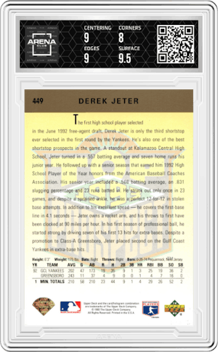 Derek Jeter from the 1993 Upper Deck set featuring a Gold Hologram parallel graded by Arena Club and given an overall grade of 8.5.