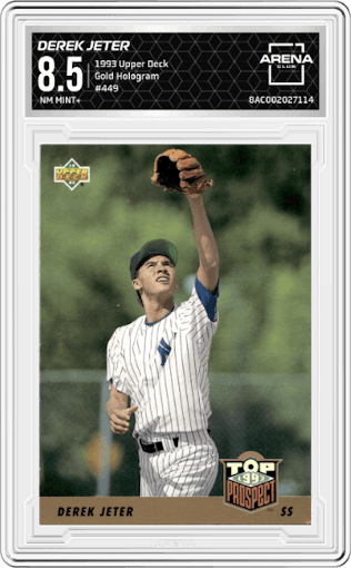 Derek Jeter from the 1993 Upper Deck set featuring a Gold Hologram parallel graded by Arena Club and given an overall grade of 8.5.