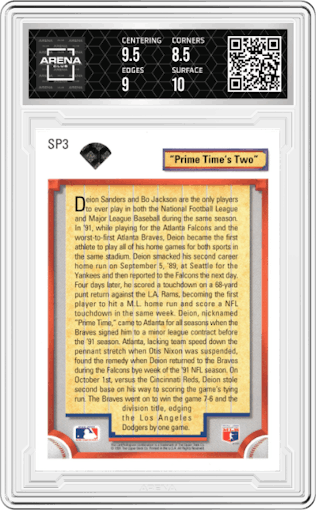  Deion Sanders from the 1992 Upper Deck set graded by Arena Club and given an overall grade of 9.