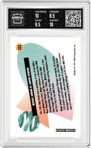 Michael Jordan/ Magic Johnson from the 1991-92 Skybox set graded by Arena Club and given an overall grade of 9.