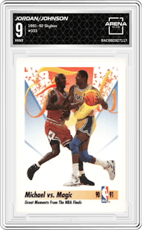 Michael Jordan/ Magic Johnson from the 1991-92 Skybox set graded by Arena Club and given an overall grade of 9.