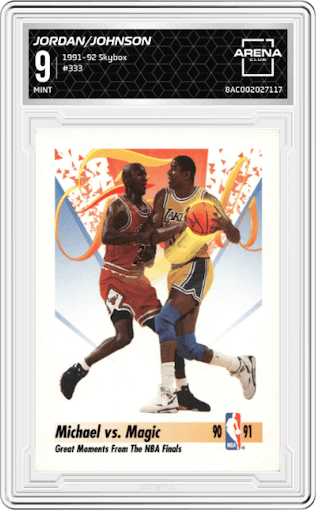 Michael Jordan/ Magic Johnson from the 1991-92 Skybox set graded by Arena Club and given an overall grade of 9.