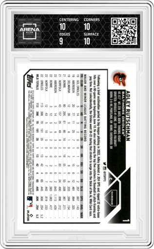 Adley Rutschman from the 2023 Topps Chrome set graded by Arena Club and given an overall grade of 9.5.