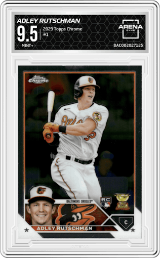 Adley Rutschman from the 2023 Topps Chrome set graded by Arena Club and given an overall grade of 9.5.