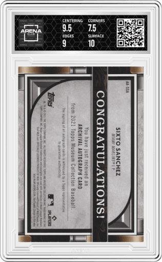 Sixto Sanchez from the 2021 Topps Museum Collection set featuring a Gold parallel graded by Arena Club and given an overall grade of 8.