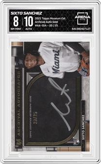 Sixto Sanchez from the 2021 Topps Museum Collection set featuring a Gold parallel graded by Arena Club and given an overall grade of 8.