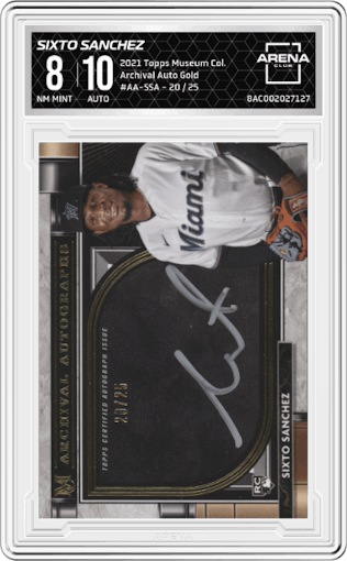 Sixto Sanchez from the 2021 Topps Museum Collection set featuring a Gold parallel graded by Arena Club and given an overall grade of 8.