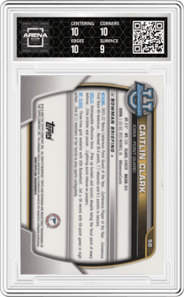 Caitlin Clark from the 2022-23 Bowman University Chrome set graded by Arena Club and given an overall grade of 9.5.