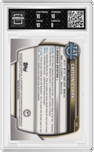 Caitlin Clark from the 2022-23 Bowman University Chrome set graded by Arena Club and given an overall grade of 9.5.