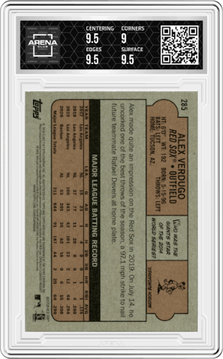 Alex Verdugo from the 2021 Topps Heritage set graded by Arena Club and given an overall grade of 9.5.