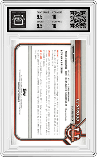 CJ Stroud from the 2021-22 Bowman University set graded by Arena Club and given an overall grade of 10.