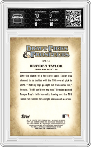Brayden Taylor from the 2023 Bowman Draft set graded by Arena Club and given an overall grade of 9.5.