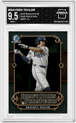 Brayden Taylor from the 2023 Bowman Draft set graded by Arena Club and given an overall grade of 9.5.