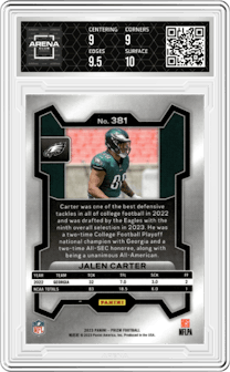 Jalen Carter from the 2023 Panini Prizm set graded by Arena Club and given an overall grade of 9.5.