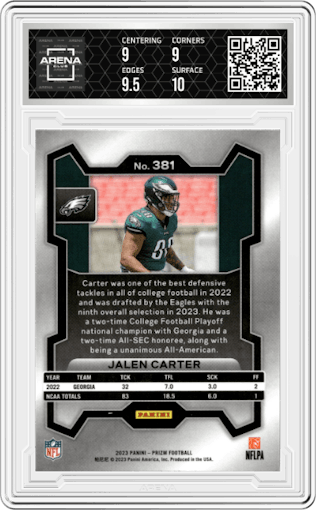 Jalen Carter from the 2023 Panini Prizm set graded by Arena Club and given an overall grade of 9.5.