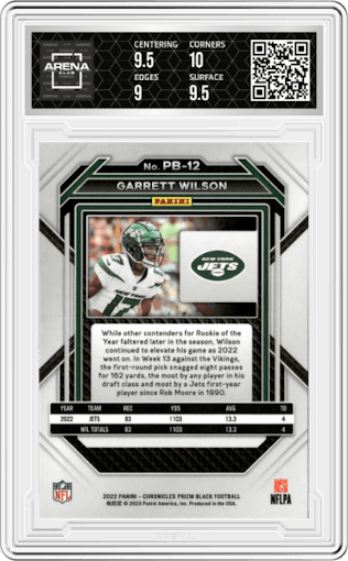 Garrett Wilson from the 2022 Panini Chronicles set graded by Arena Club and given an overall grade of 9.5.