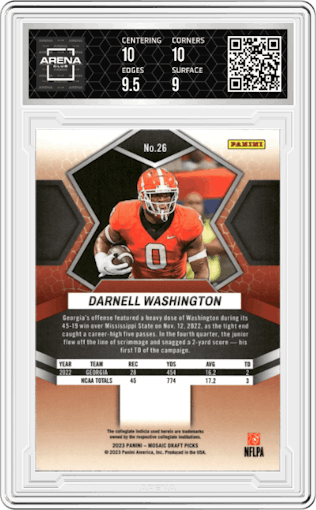 Darnell Washington from the 2023 Panini Mosaic Draft Picks set graded by Arena Club and given an overall grade of 9.5.