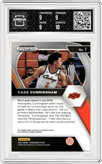 Cade Cunningham from the 2021-22 Panini Prizm Draft Picks set graded by Arena Club and given an overall grade of 9.5.