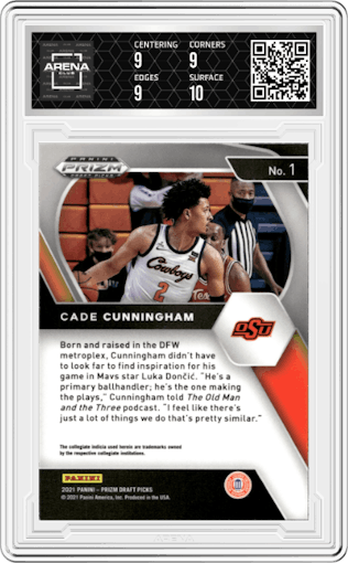 Cade Cunningham from the 2021-22 Panini Prizm Draft Picks set graded by Arena Club and given an overall grade of 9.5.
