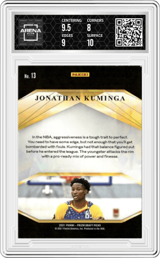 Jonathan Kuminga from the 2021-22 Panini Prizm Draft Picks set graded by Arena Club and given an overall grade of 8.5.