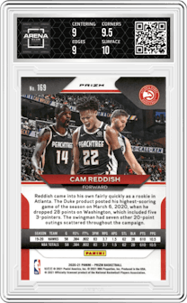 Cam Reddish from the 2020-21 Panini Prizm set featuring a Red Ice parallel graded by Arena Club and given an overall grade of 9.5.