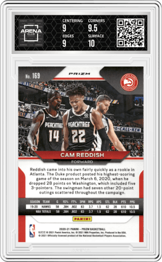 Cam Reddish from the 2020-21 Panini Prizm set featuring a Red Ice parallel graded by Arena Club and given an overall grade of 9.5.