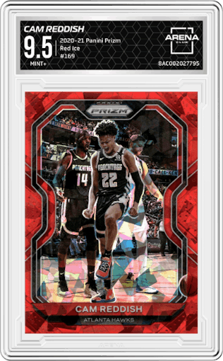 Cam Reddish from the 2020-21 Panini Prizm set featuring a Red Ice parallel graded by Arena Club and given an overall grade of 9.5.