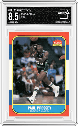 Paul Pressey from the 1986-87 Fleer set graded by Arena Club and given an overall grade of 8.5.