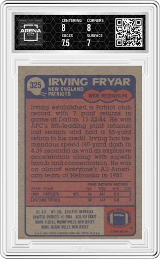 Irving Fryar from the 1985 Topps set graded by Arena Club and given an overall grade of 7.5.