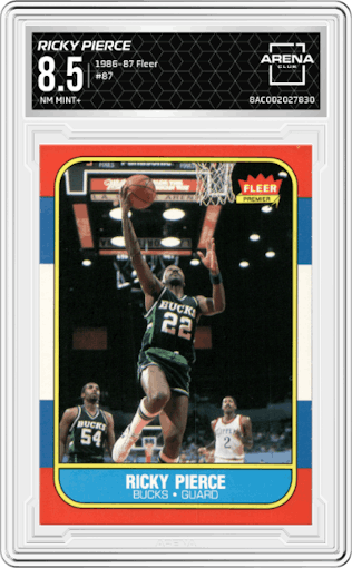 Ricky Pierce from the 1986-87 Fleer set graded by Arena Club and given an overall grade of 8.5.