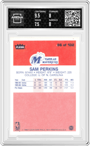 Sam Perkins from the 1986-87 Fleer set graded by Arena Club and given an overall grade of 8.