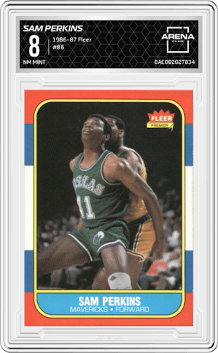 Sam Perkins from the 1986-87 Fleer set graded by Arena Club and given an overall grade of 8.