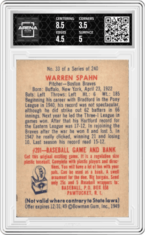 Warren Spahn from the 1949 Bowman set graded by Arena Club and given an overall grade of 4.