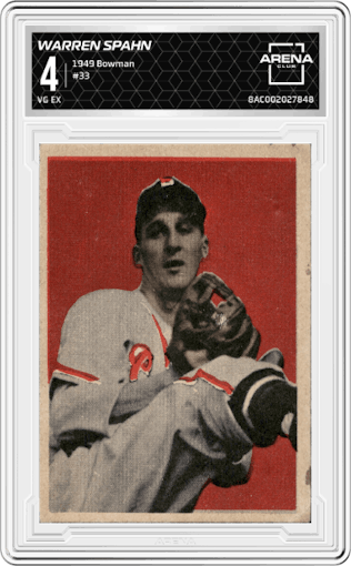 Warren Spahn from the 1949 Bowman set graded by Arena Club and given an overall grade of 4.