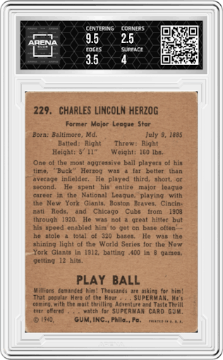Buck Herzog from the 1940 Play Ball set graded by Arena Club and given an overall grade of 3.