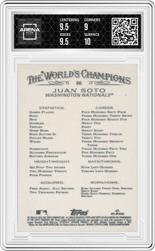 Juan Soto from the 2022 Topps Allen & Ginter set graded by Arena Club and given an overall grade of 9.5.