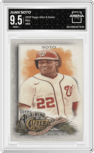 Juan Soto from the 2022 Topps Allen & Ginter set graded by Arena Club and given an overall grade of 9.5.