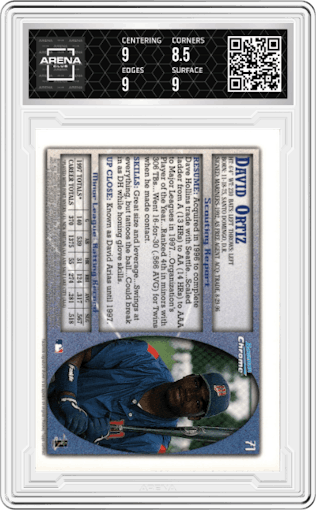 David Ortiz from the 1998 Bowman Chrome set graded by Arena Club and given an overall grade of 9.