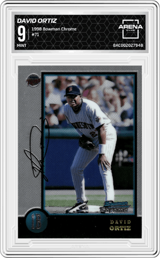 David Ortiz from the 1998 Bowman Chrome set graded by Arena Club and given an overall grade of 9.
