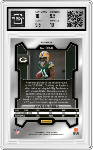 Jayden Reed from the 2023 Panini Prizm set featuring a Disco parallel graded by Arena Club and given an overall grade of 10.