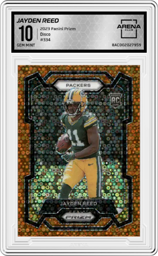 Jayden Reed from the 2023 Panini Prizm set featuring a Disco parallel graded by Arena Club and given an overall grade of 10.