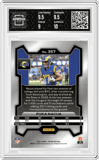 Puka Nacua  from the 2023 Panini Prizm set graded by Arena Club and given an overall grade of 9.5.