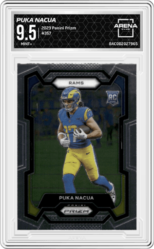 Puka Nacua  from the 2023 Panini Prizm set graded by Arena Club and given an overall grade of 9.5.