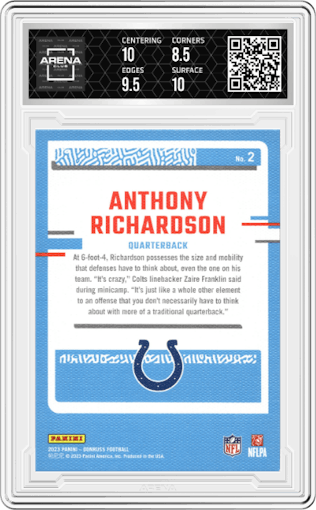 Anthony Richardson from the 2023 Panini Donruss set graded by Arena Club and given an overall grade of 9.